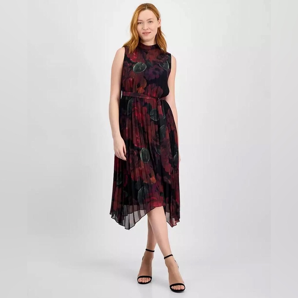 NWT Tahari ASL Floral Printed Sleeveless Pleated Trapeze Midi Dress Size 12 $169